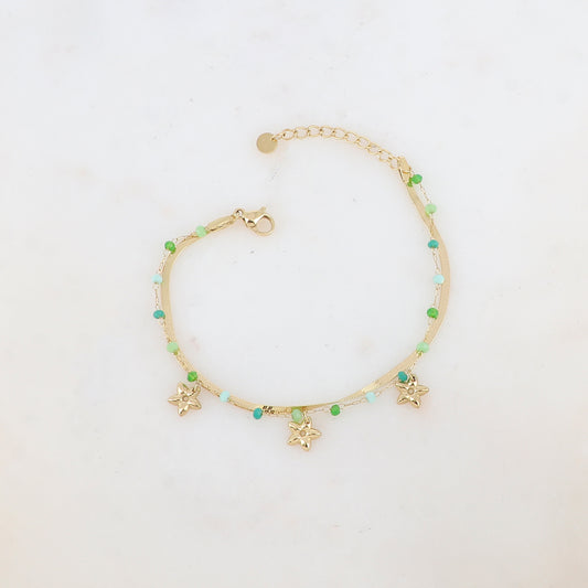 Bracelet 2 rangs avec maille miroir, pâtes de verres et pampilles fleurs