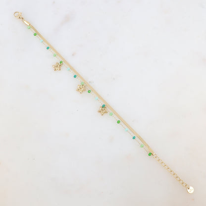 Bracelet 2 rangs avec maille miroir, pâtes de verres et pampilles fleurs