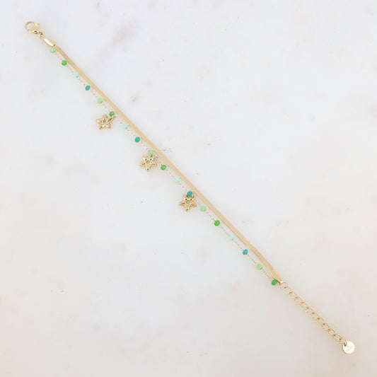 Bracelet 2 rangs avec maille miroir, pâtes de verres et pampilles fleurs