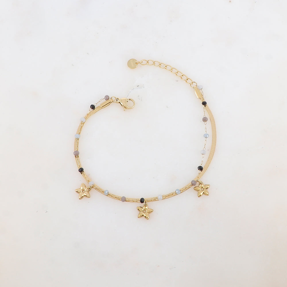 Bracelet 2 rangs avec maille miroir, pâtes de verres et pampilles fleurs
