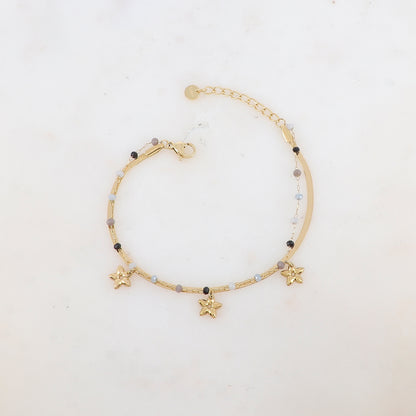 Bracelet 2 rangs avec maille miroir, pâtes de verres et pampilles fleurs