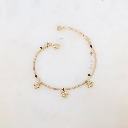 Bracelet 2 rangs avec maille miroir, pâtes de verres et pampilles fleurs
