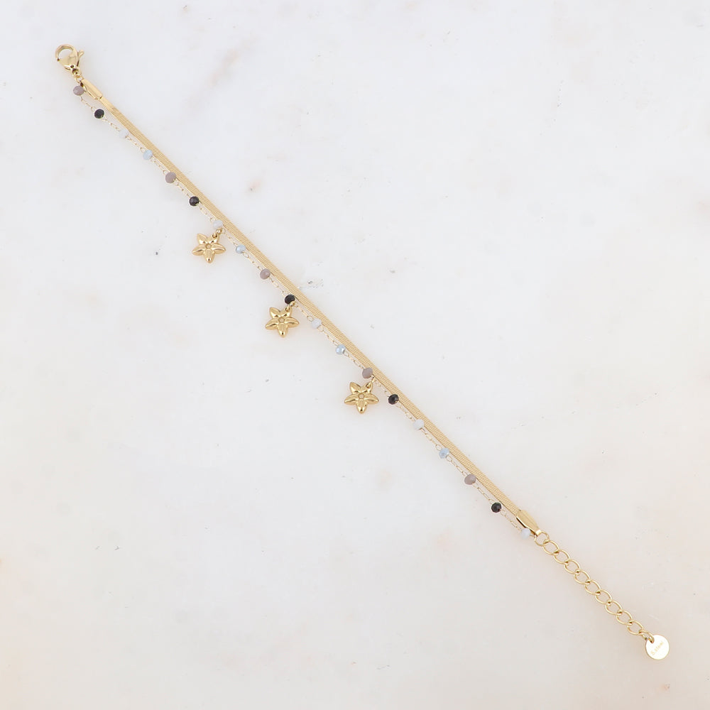 Bracelet 2 rangs avec maille miroir, pâtes de verres et pampilles fleurs