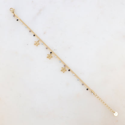 Bracelet 2 rangs avec maille miroir, pâtes de verres et pampilles fleurs