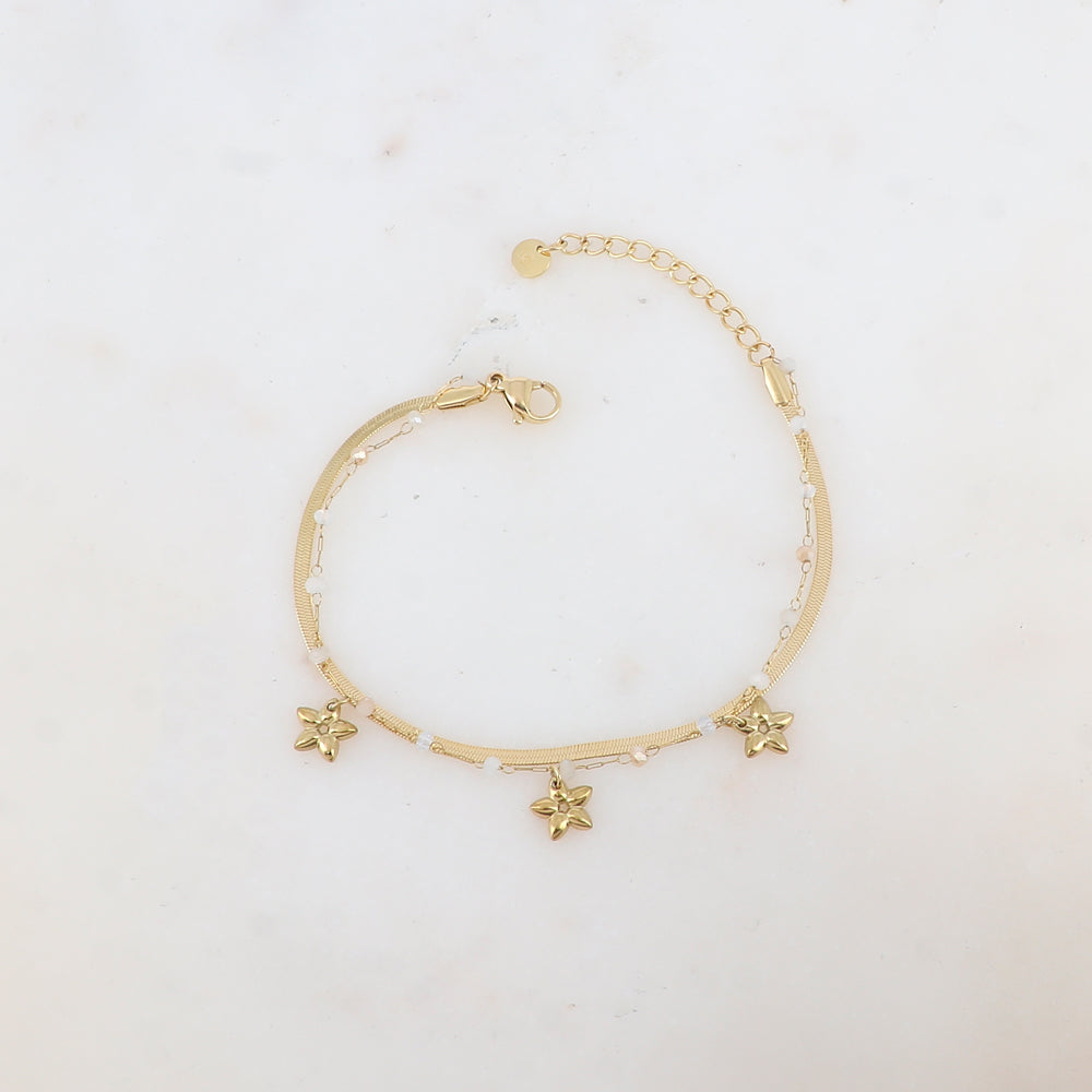 Bracelet 2 rangs avec maille miroir, pâtes de verres et pampilles fleurs