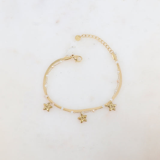 Bracelet 2 rangs avec maille miroir, pâtes de verres et pampilles fleurs