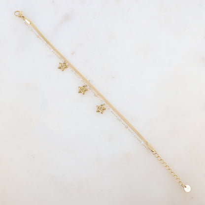 Bracelet 2 rangs avec maille miroir, pâtes de verres et pampilles fleurs