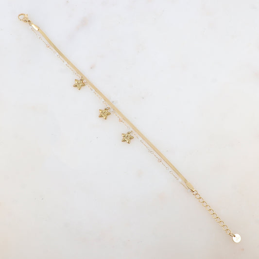 Bracelet 2 rangs avec maille miroir, pâtes de verres et pampilles fleurs