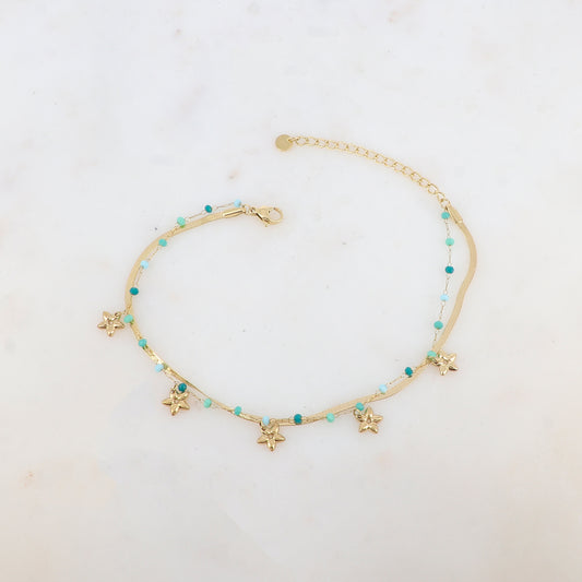 Chaîne de cheville 2 rangs avec maille miroir, pâtes de verres et pampilles fleurs (21+5CM)