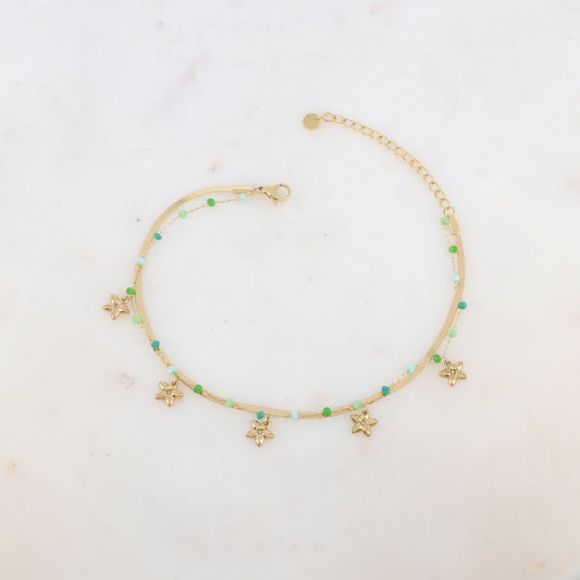 Chaîne de cheville 2 rangs avec maille miroir, pâtes de verres et pampilles fleurs (21+5CM)