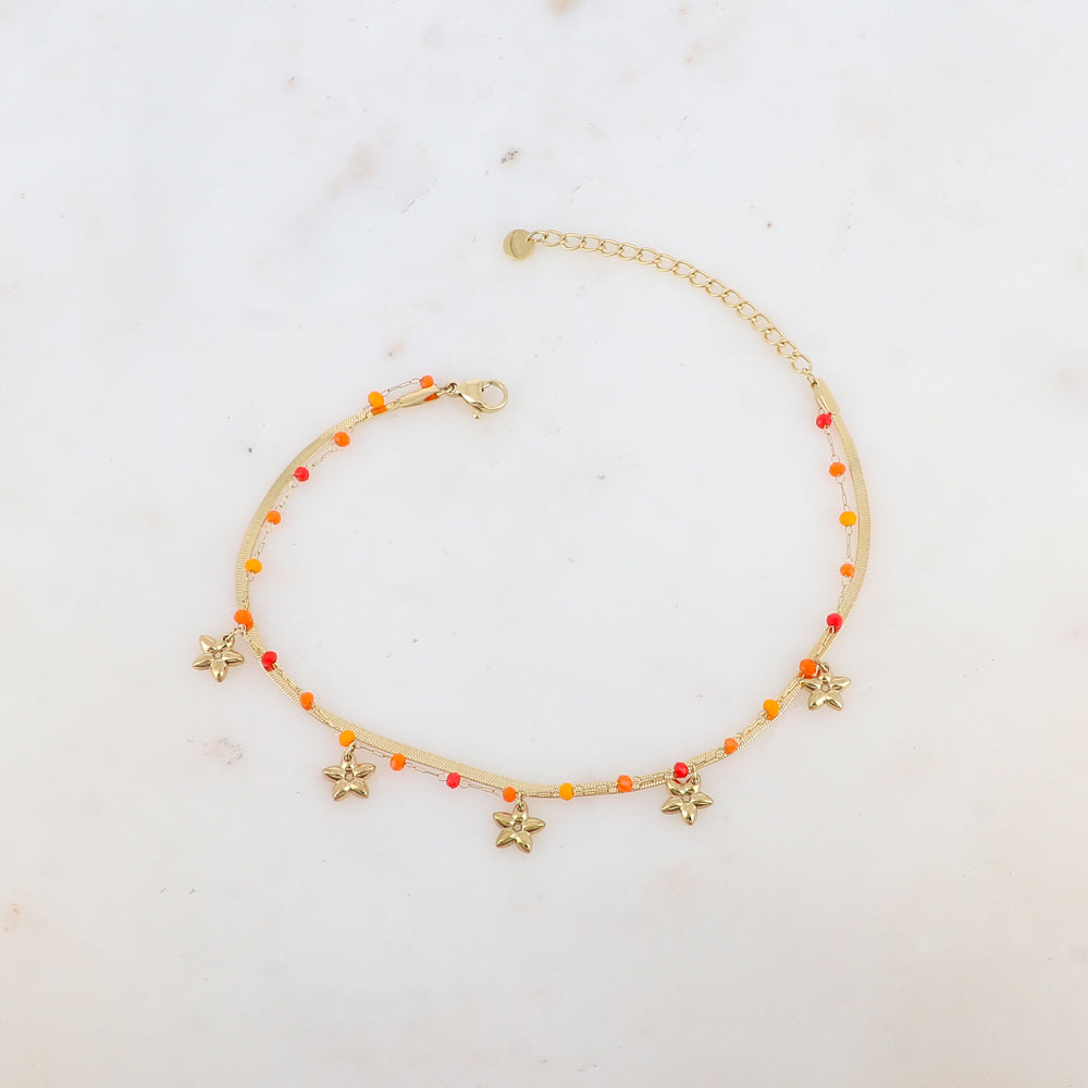 Chaîne de cheville 2 rangs avec maille miroir, pâtes de verres et pampilles fleurs (21+5CM)