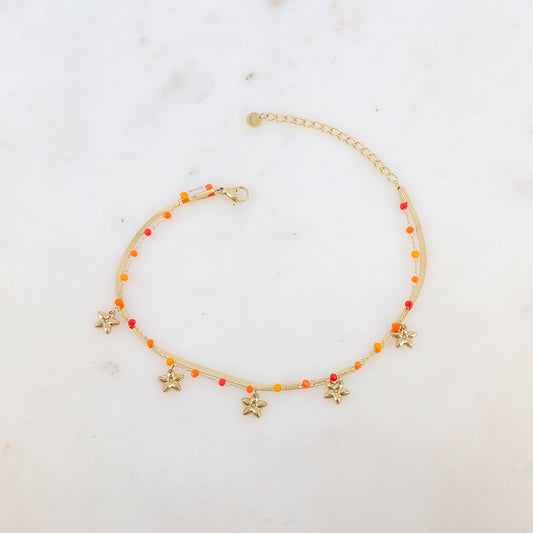 Chaîne de cheville 2 rangs avec maille miroir, pâtes de verres et pampilles fleurs (21+5CM)