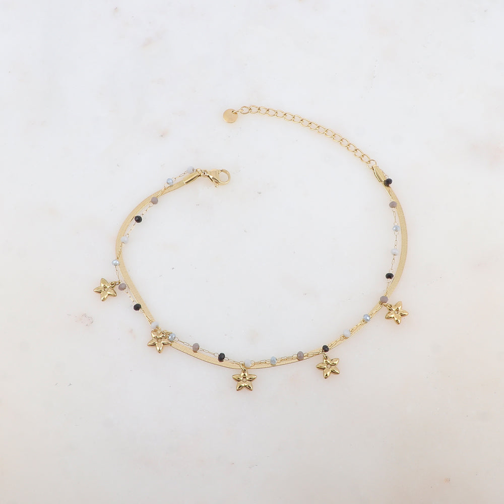 Chaîne de cheville 2 rangs avec maille miroir, pâtes de verres et pampilles fleurs (21+5CM)