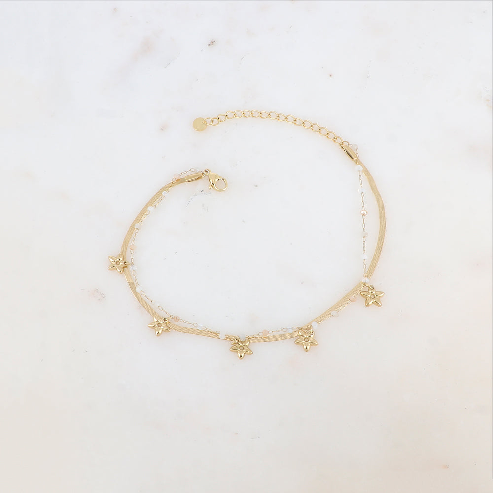 Chaîne de cheville 2 rangs avec maille miroir, pâtes de verres et pampilles fleurs (21+5CM)