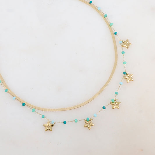 Collier 2 rangs avec maille miroir, pâtes de verres et pampilles fleurs (40/42+5CM)