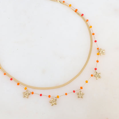 Collier 2 rangs avec maille miroir, pâtes de verres et pampilles fleurs (40/42+5CM)