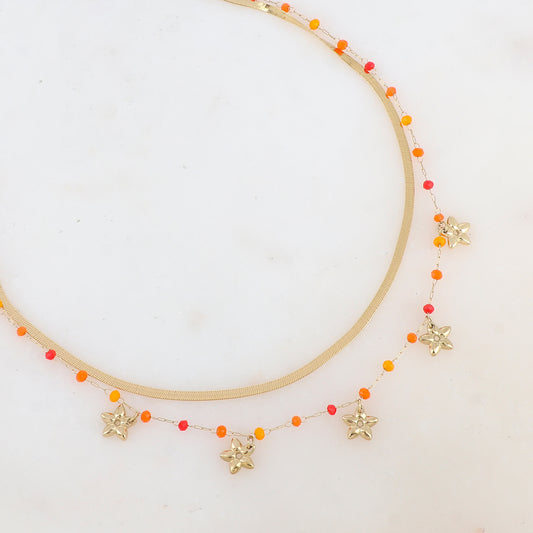 Collier 2 rangs avec maille miroir, pâtes de verres et pampilles fleurs (40/42+5CM)
