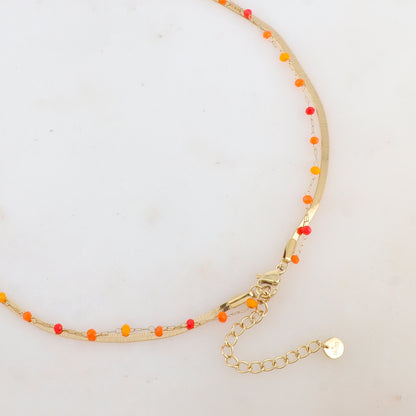 Collier 2 rangs avec maille miroir, pâtes de verres et pampilles fleurs (40/42+5CM)