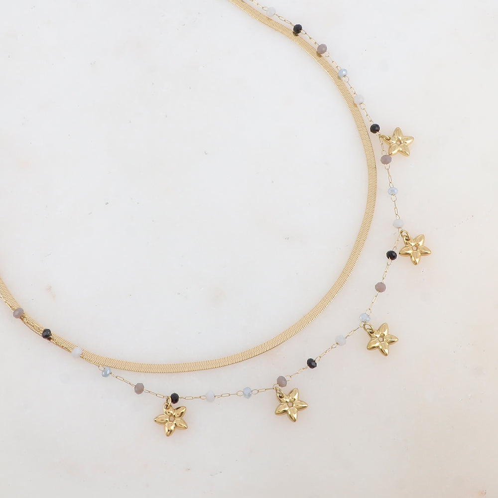 Collier 2 rangs avec maille miroir, pâtes de verres et pampilles fleurs (40/42+5CM)