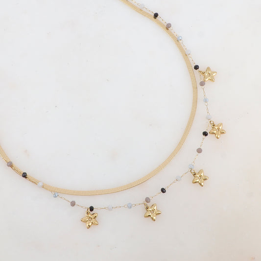 Collier 2 rangs avec maille miroir, pâtes de verres et pampilles fleurs (40/42+5CM)