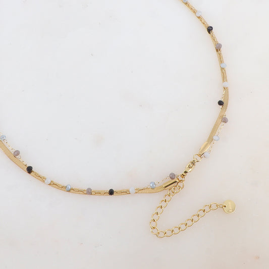 Collier 2 rangs avec maille miroir, pâtes de verres et pampilles fleurs (40/42+5CM)