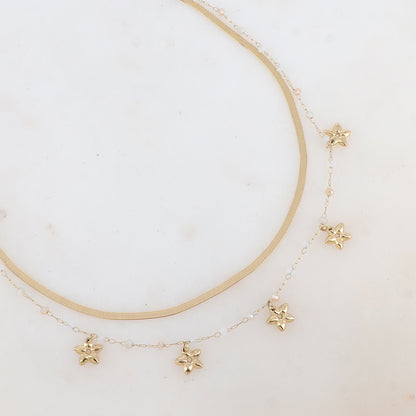 Collier 2 rangs avec maille miroir, pâtes de verres et pampilles fleurs (40/42+5CM)