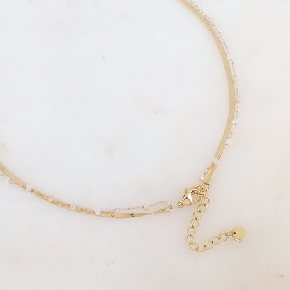 Collier 2 rangs avec maille miroir, pâtes de verres et pampilles fleurs (40/42+5CM)