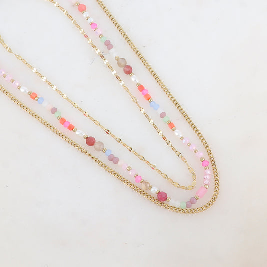 Collier 3 rangs avec pâtes de verre/pierres naturelles et perles d'eau douce (38/39/41+5CM)