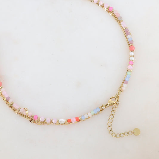 Collier 3 rangs avec pâtes de verre/pierres naturelles et perles d'eau douce (38/39/41+5CM)