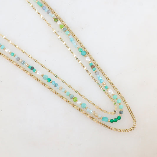 Collier 3 rangs avec pâtes de verre/pierres naturelles et perles d'eau douce (38/39/41+5CM)