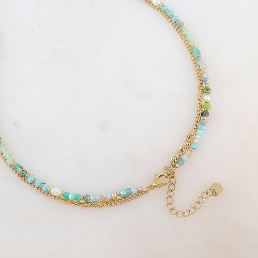 Collier 3 rangs avec pâtes de verre/pierres naturelles et perles d'eau douce (38/39/41+5CM)