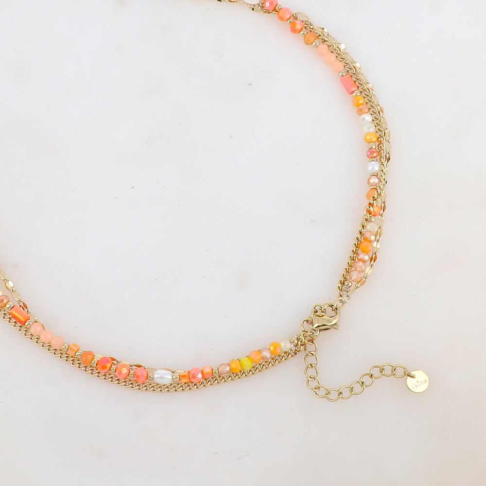 Collier 3 rangs avec pâtes de verre/pierres naturelles et perles d'eau douce (38/39/41+5CM)