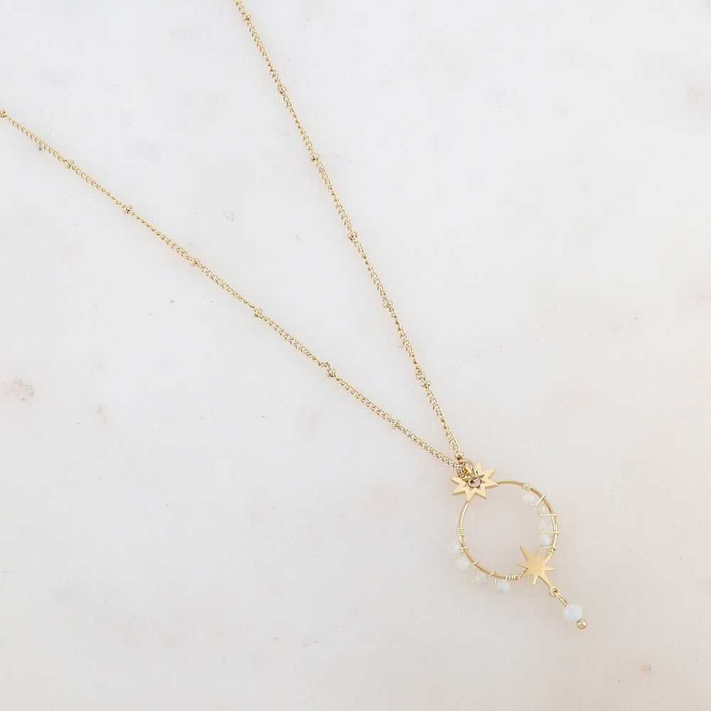 Collier avec pendentif anneau fin, étoiles et pierres naturelles (45+5CM)