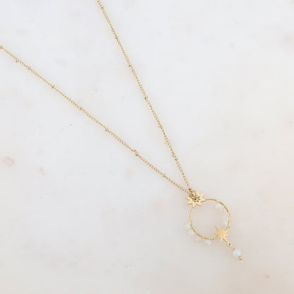 Collier avec pendentif anneau fin, étoiles et pierres naturelles (45+5CM)