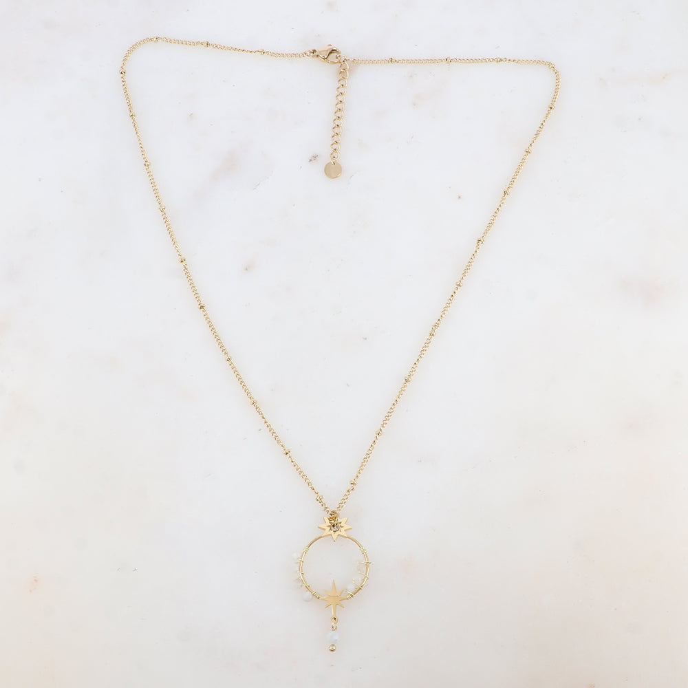 Collier avec pendentif anneau fin, étoiles et pierres naturelles (45+5CM)