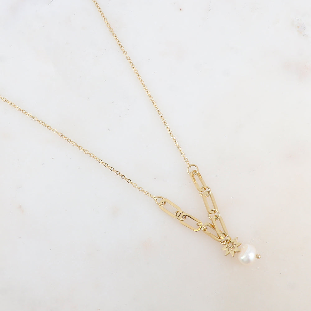 Collier avec anneaux rectangulaires arrondis, étoile et perle d'eau douce (45+5CM)