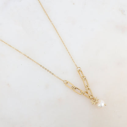 Collier avec anneaux rectangulaires arrondis, étoile et perle d'eau douce (45+5CM)