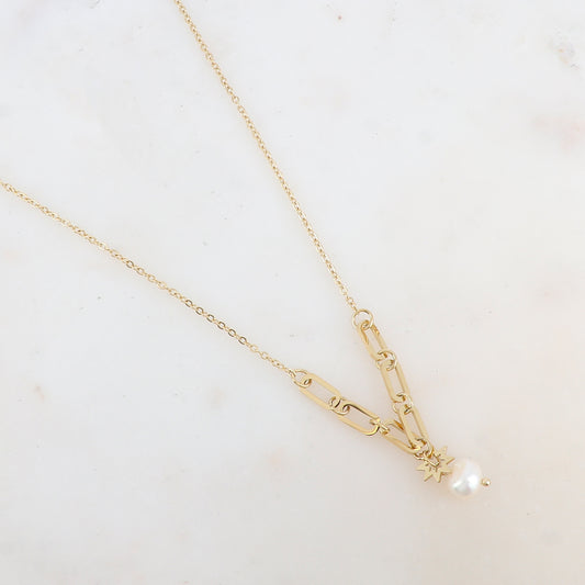 Collier avec anneaux rectangulaires arrondis, étoile et perle d'eau douce (45+5CM)