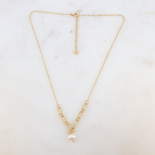 Collier avec anneaux rectangulaires arrondis, étoile et perle d'eau douce (45+5CM)