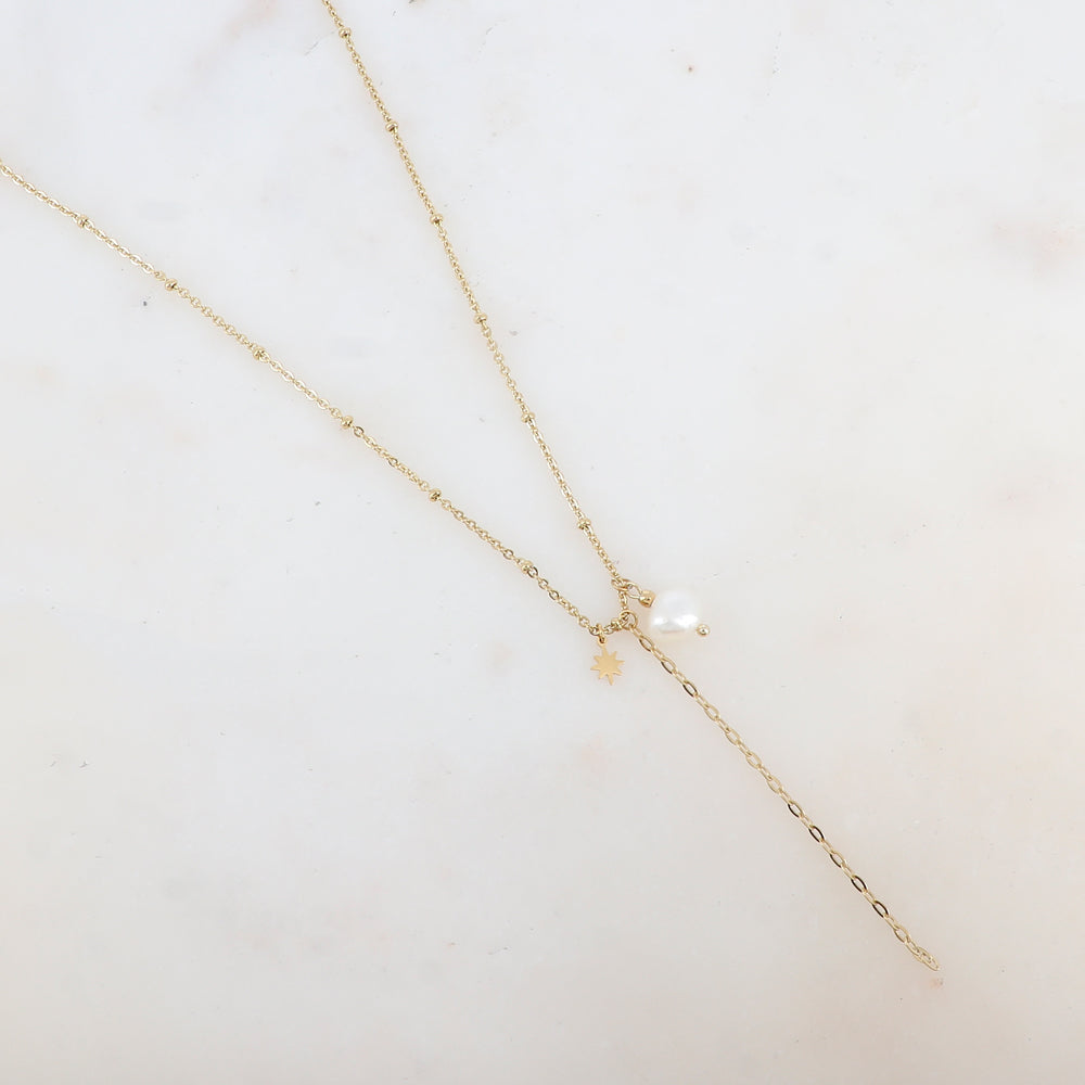 Collier avec chaîne, pampille étoile et perle d'eau douce (45+5CM)