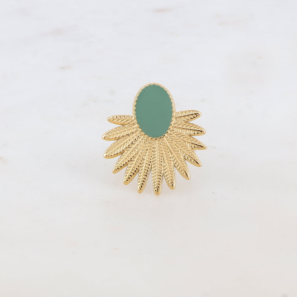 Bague avec feuillage et pièce ovale émaillée - Vert