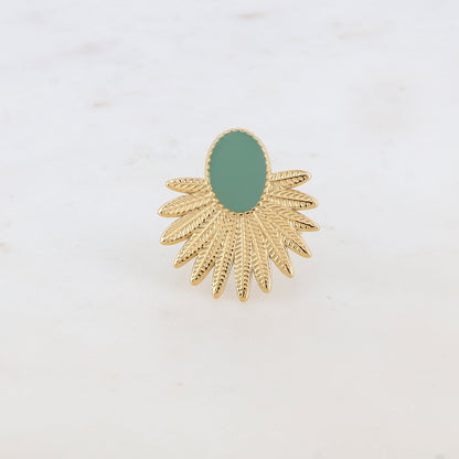Bague avec feuillage et pièce ovale émaillée - Vert