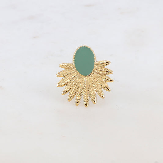 Bague avec feuillage et pièce ovale émaillée - Vert