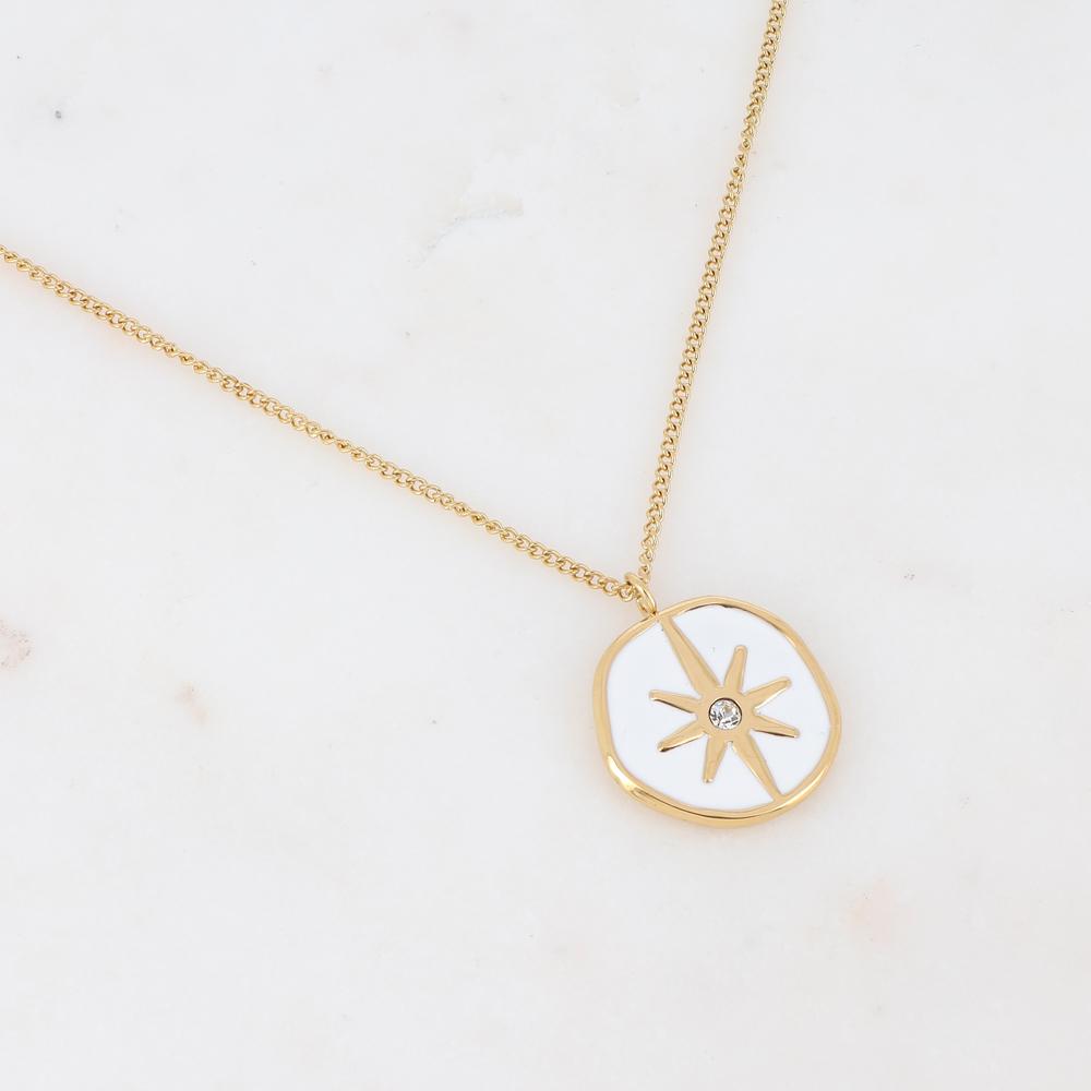 Collier sur chaîne doré composé d'un pendentif étoile émaillé blanc serti d'un strass blanc 38+8 cm