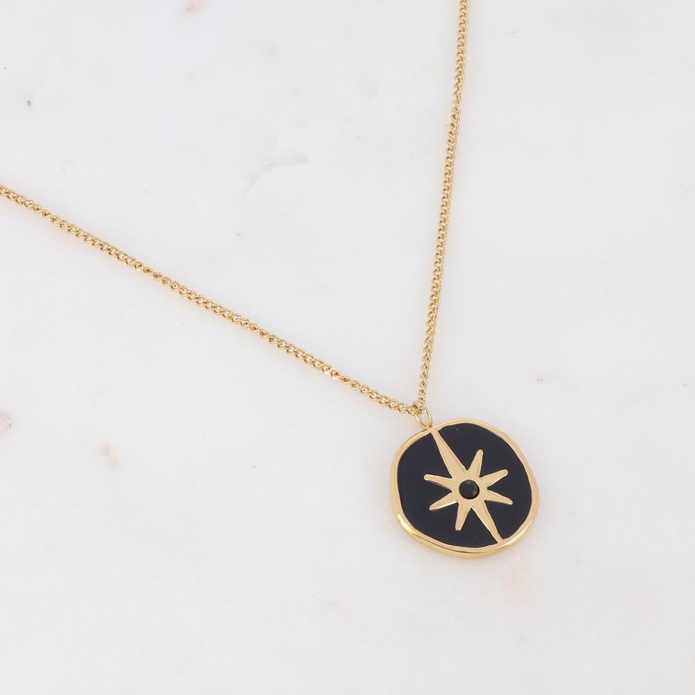 Collier sur chaîne doré composé d'un pendentif étoile émaillé noir serti d'un strass noir 38+8 cm