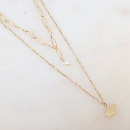 Collier 2 rangs avec maille, perle d'eau douce et feuille de gingko (38/50+7CM)
