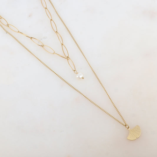 Collier 2 rangs avec maille, perle d'eau douce et feuille de gingko (38/50+7CM)