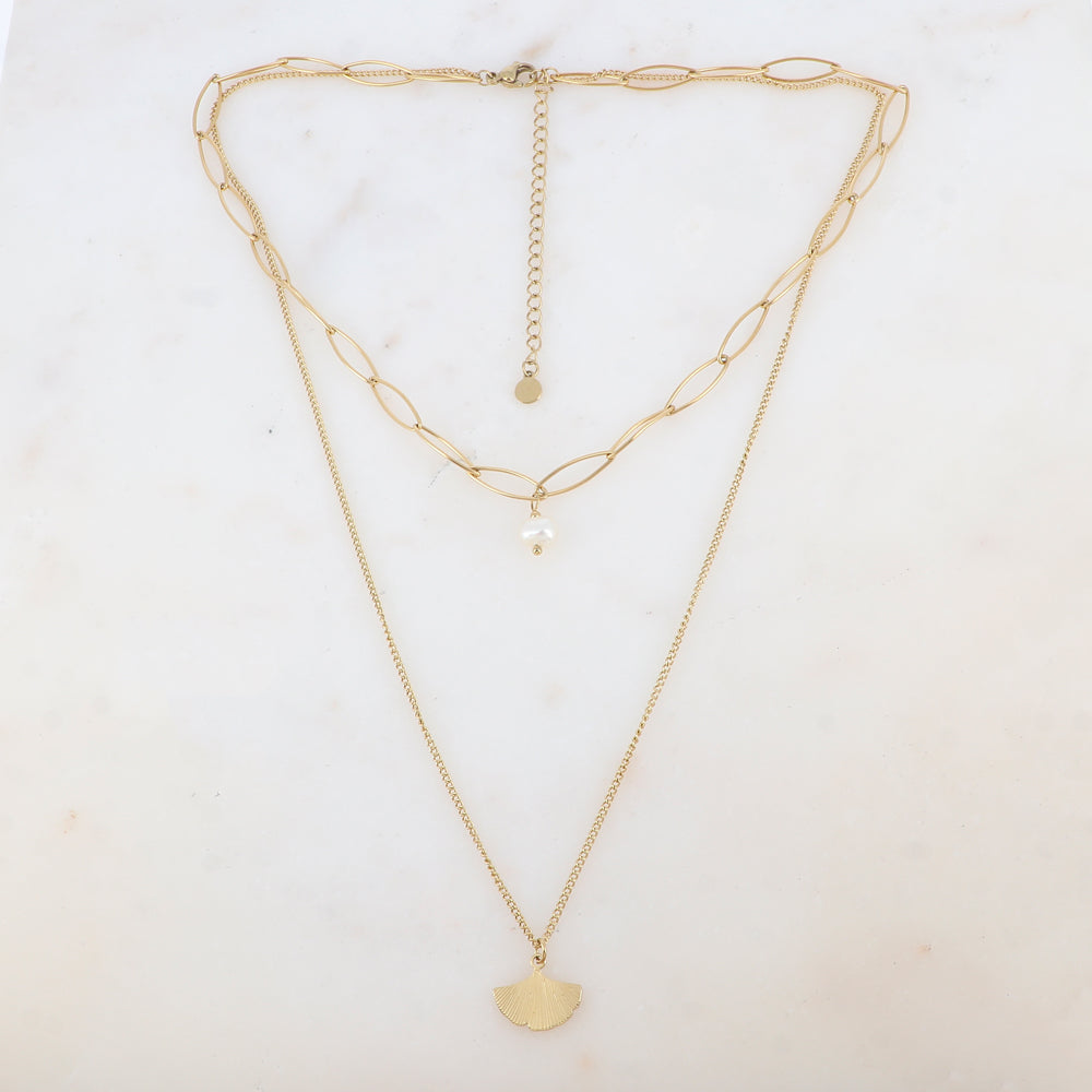 Collier 2 rangs avec maille, perle d'eau douce et feuille de gingko (38/50+7CM)
