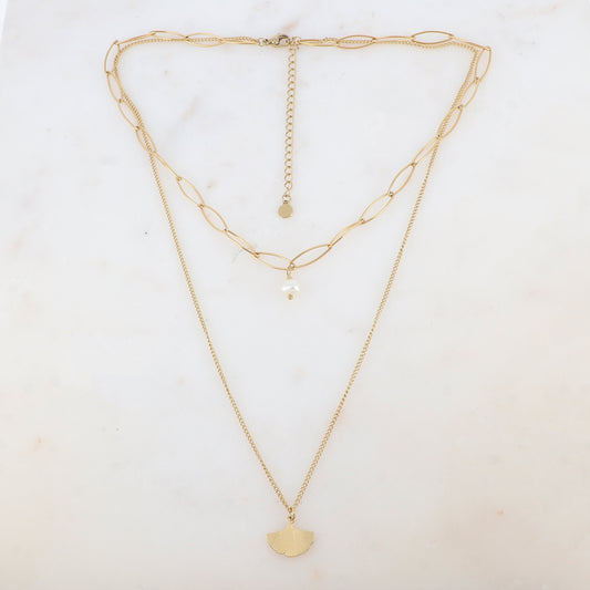 Collier 2 rangs avec maille, perle d'eau douce et feuille de gingko (38/50+7CM)