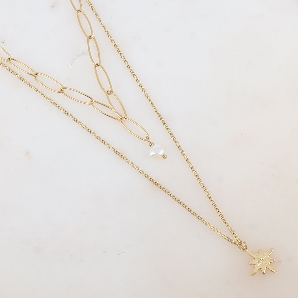 Collier 2 rangs avec maille, perle d'eau douce et étoile (38/50+7CM)